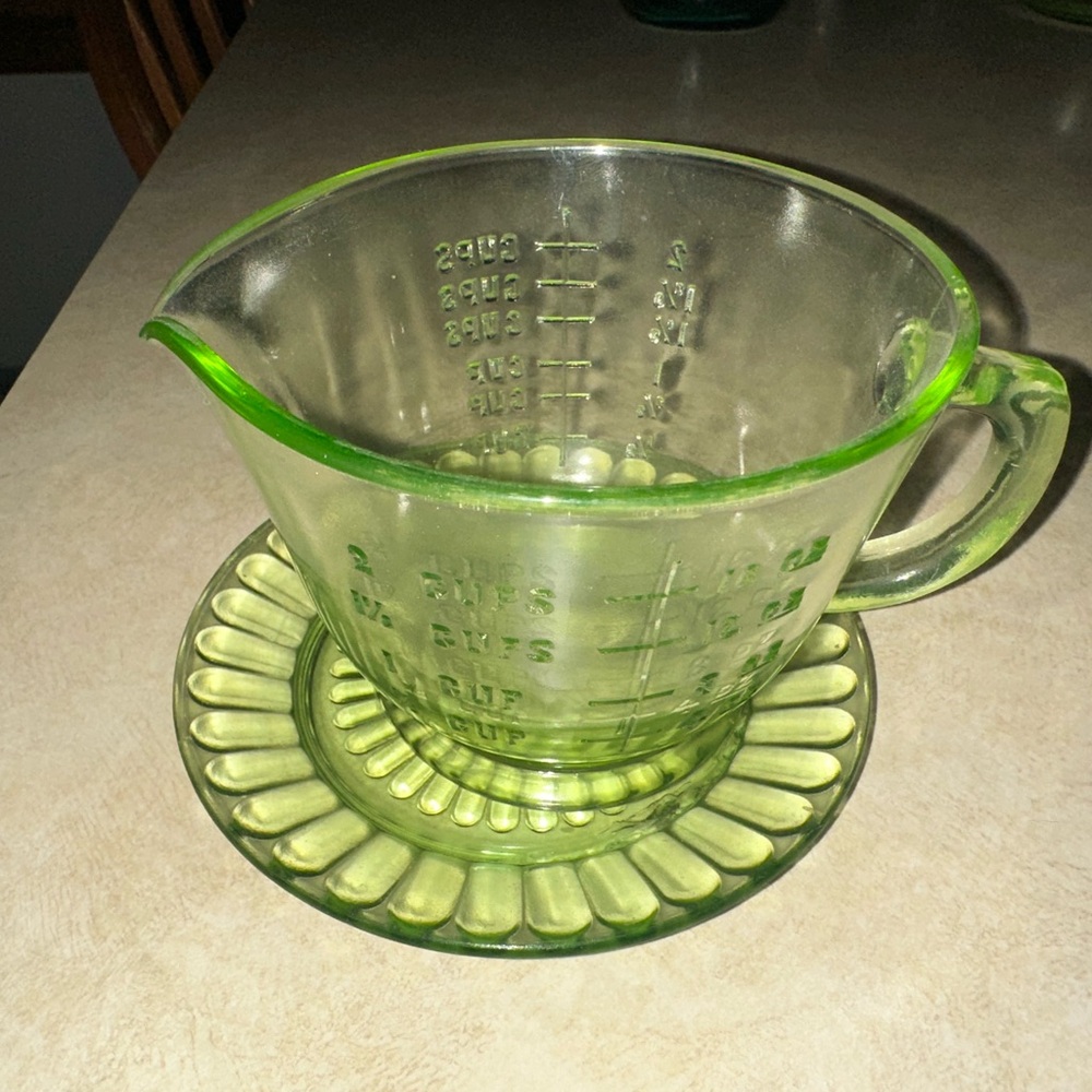Green Glass Measuring Cup with Saucer